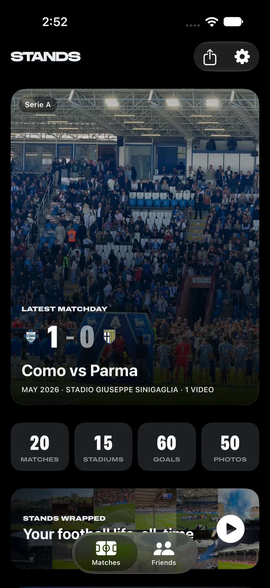 STANDS home screen showing the latest matchday, Como vs Parma, with 20 matches, 15 stadiums, 60 goals and 50 photos found