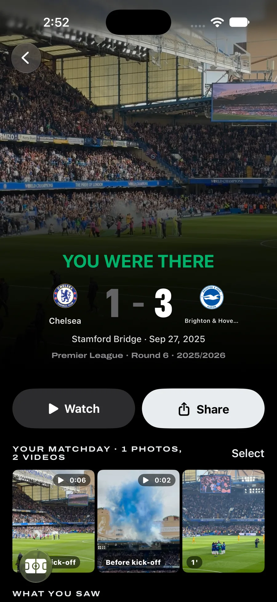 Match screen: You were there, Chelsea 1–3 Brighton at Stamford Bridge, with your photos and videos from the day