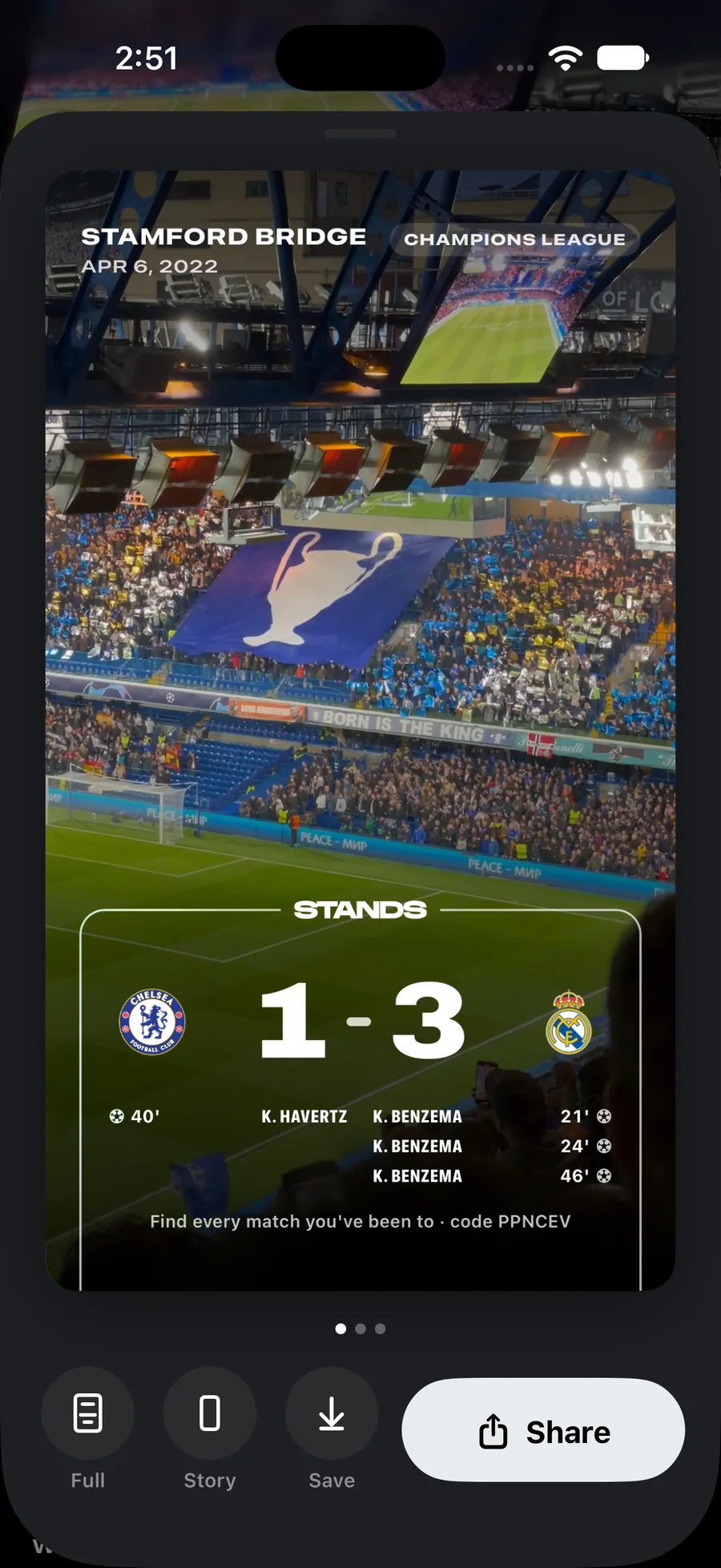 Share card for Stamford Bridge, Champions League, Chelsea 1–3 Real Madrid with the scorers